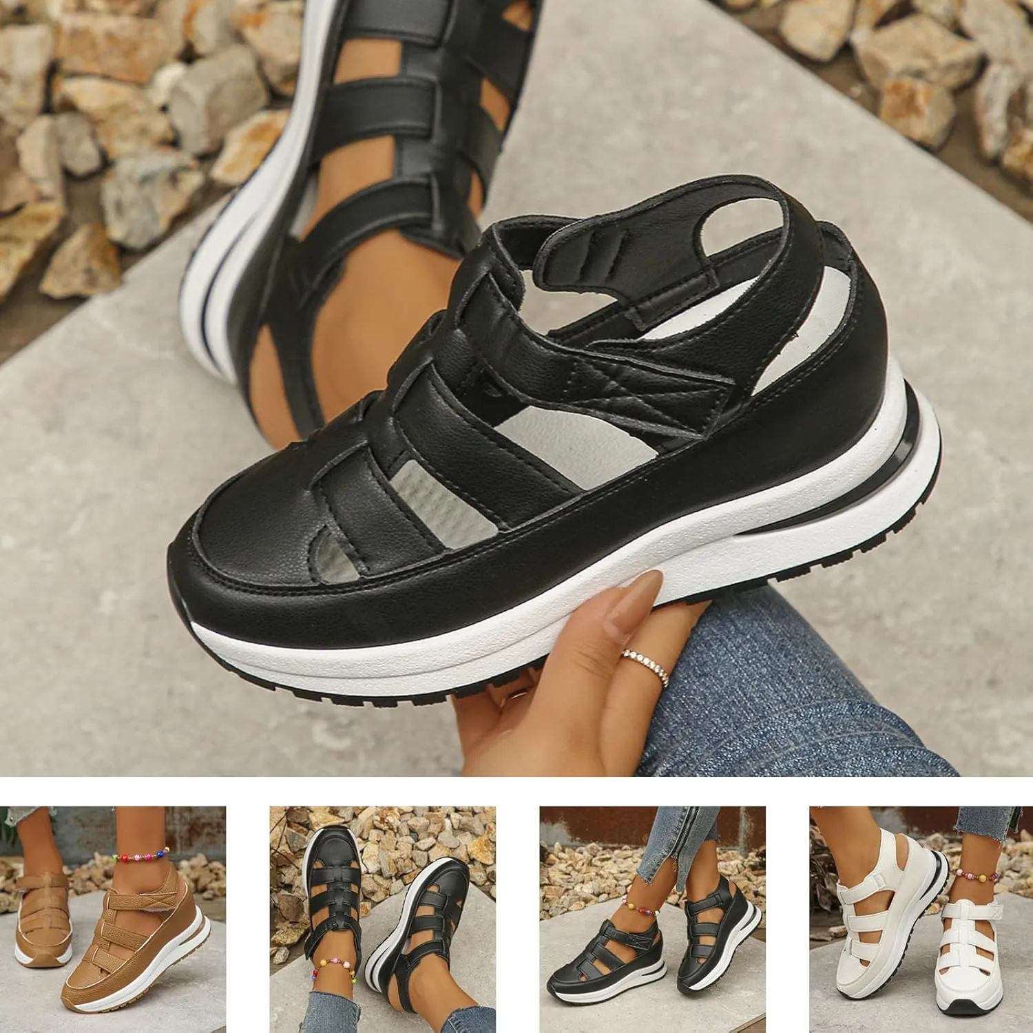 Bootara Women's Plus Size Hollow-Out Casual Sandals, Bootara Sandals Women, Closed Toe Platform Sandals Height-Boosting Thick Sole, Thick-Soled Height-Boosting for Outdoor Activities