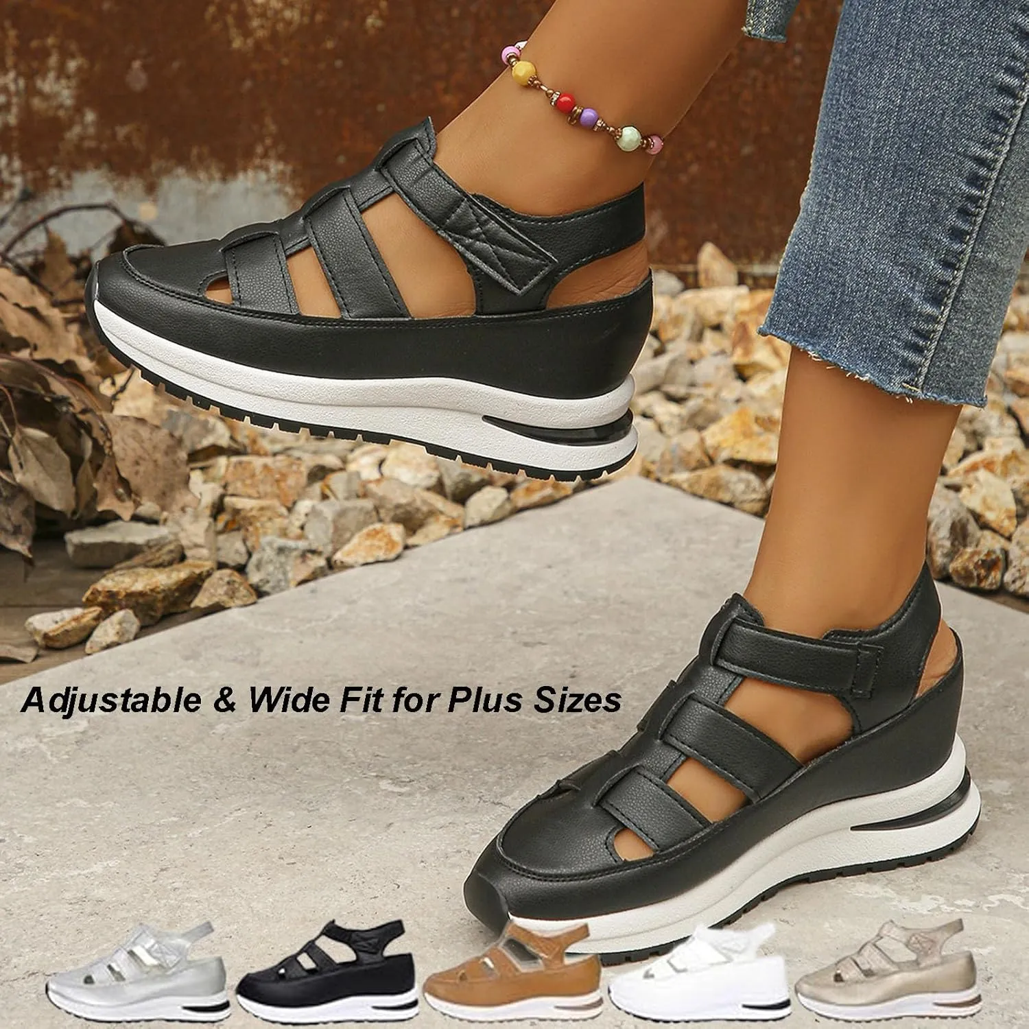 Bootara Women's Plus Size Hollow-Out Casual Sandals, Bootara Sandals Women, Closed Toe Platform Sandals Height-Boosting Thick Sole, Thick-Soled Height-Boosting for Outdoor Activities