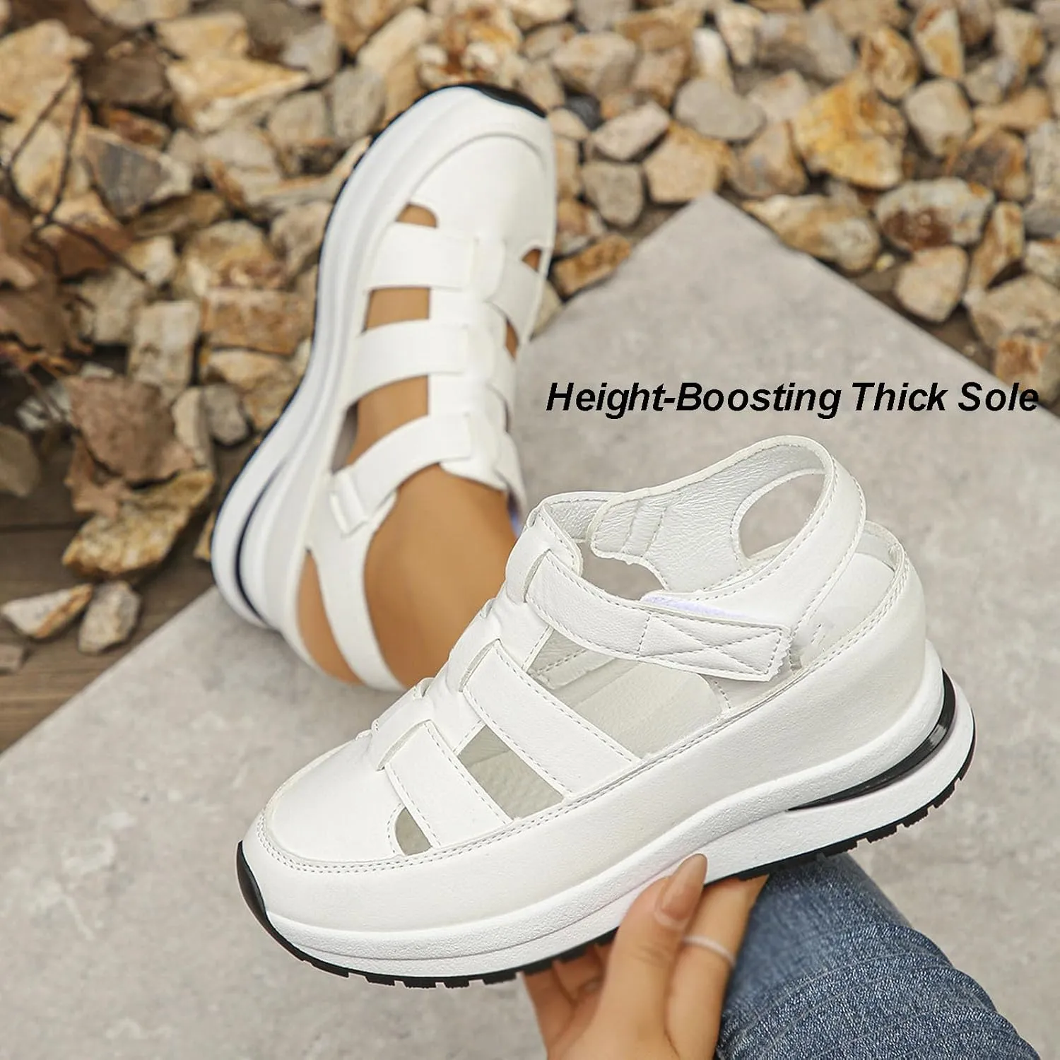 Bootara Women's Plus Size Hollow-Out Casual Sandals, Bootara Sandals Women, Closed Toe Platform Sandals Height-Boosting Thick Sole, Thick-Soled Height-Boosting for Outdoor Activities