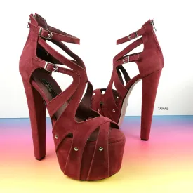 Bordeaux Wine Suede Cage Platform Heels