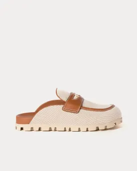 Canvas & Leather Beige / Brandy Mules