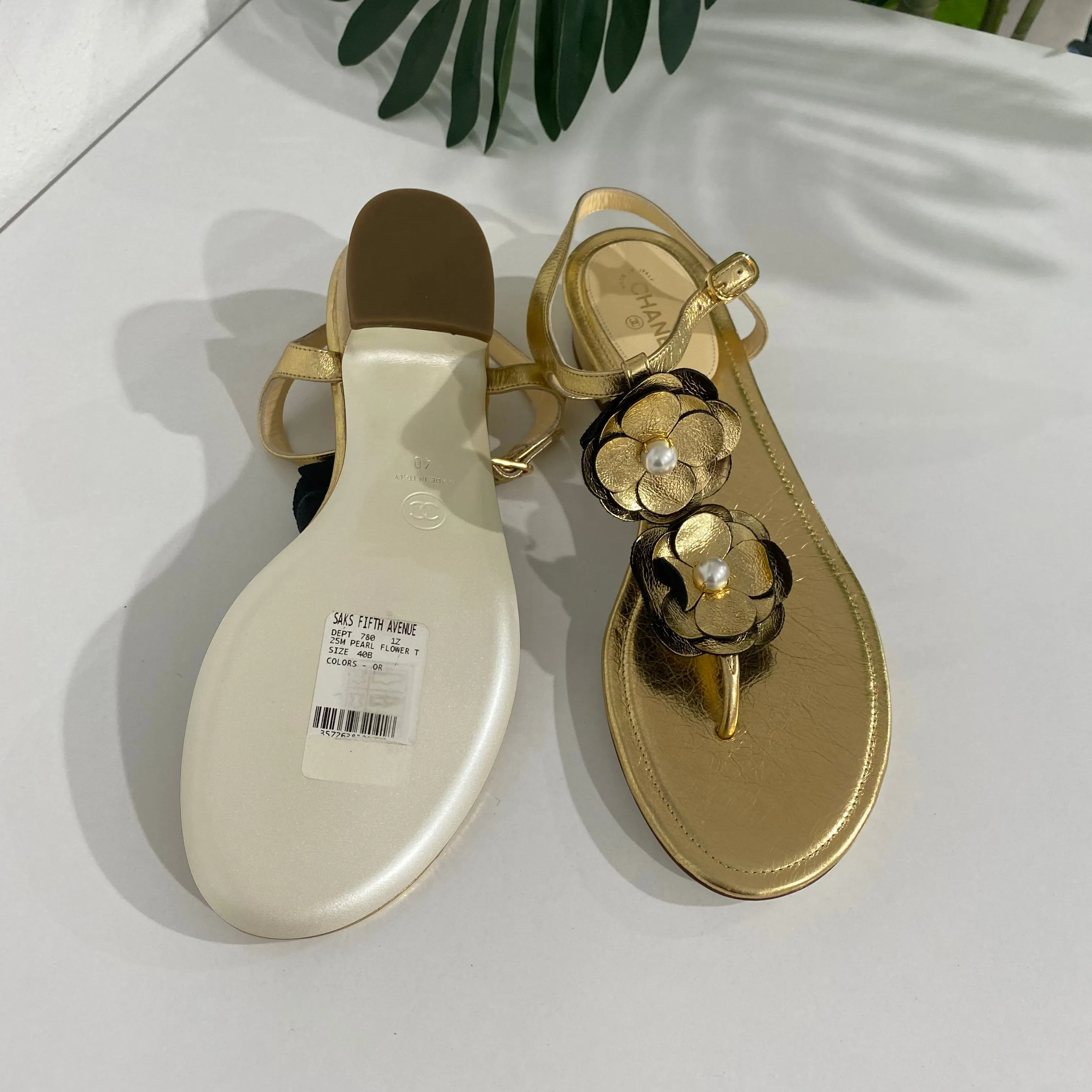Chanel Gold Camellia Sandals