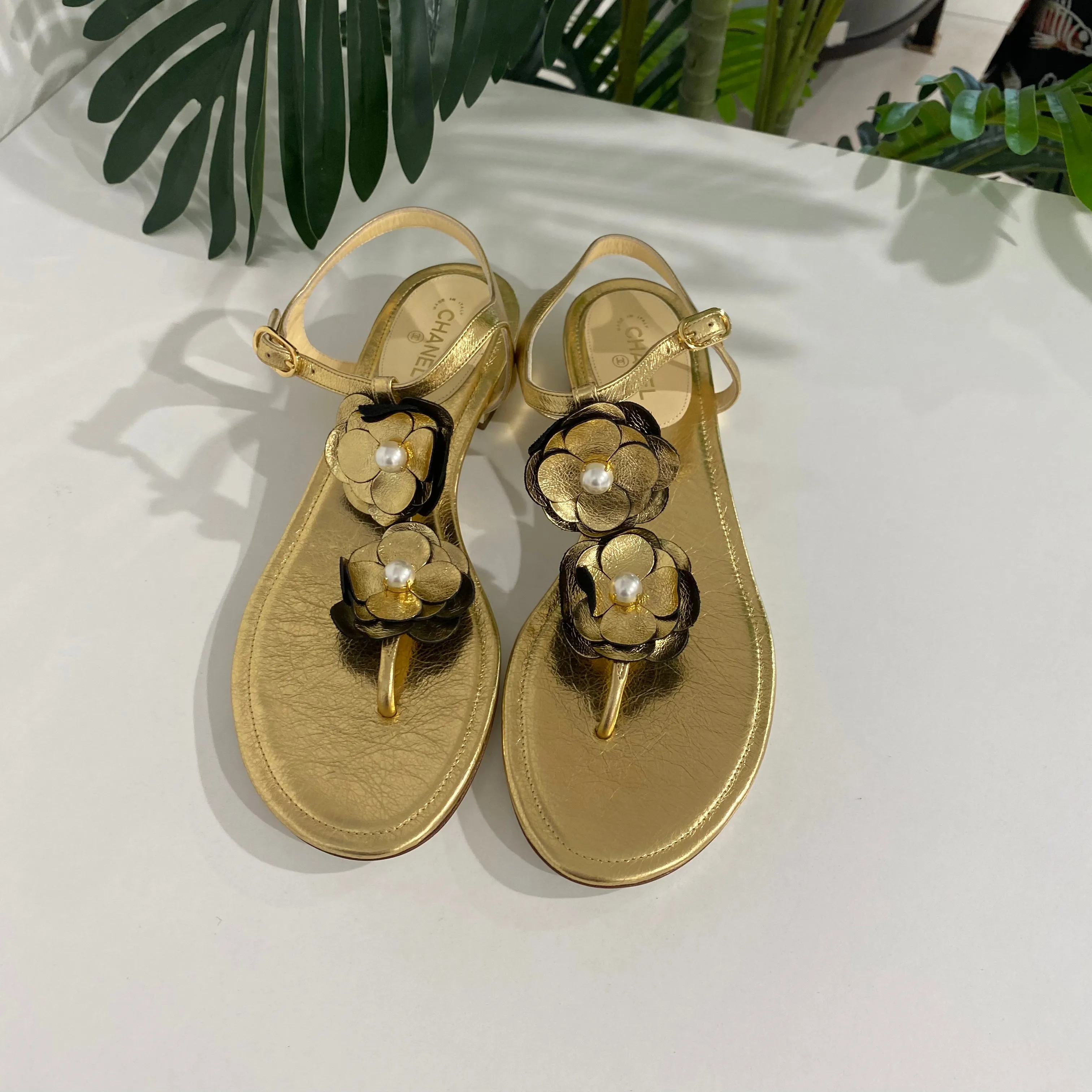 Chanel Gold Camellia Sandals