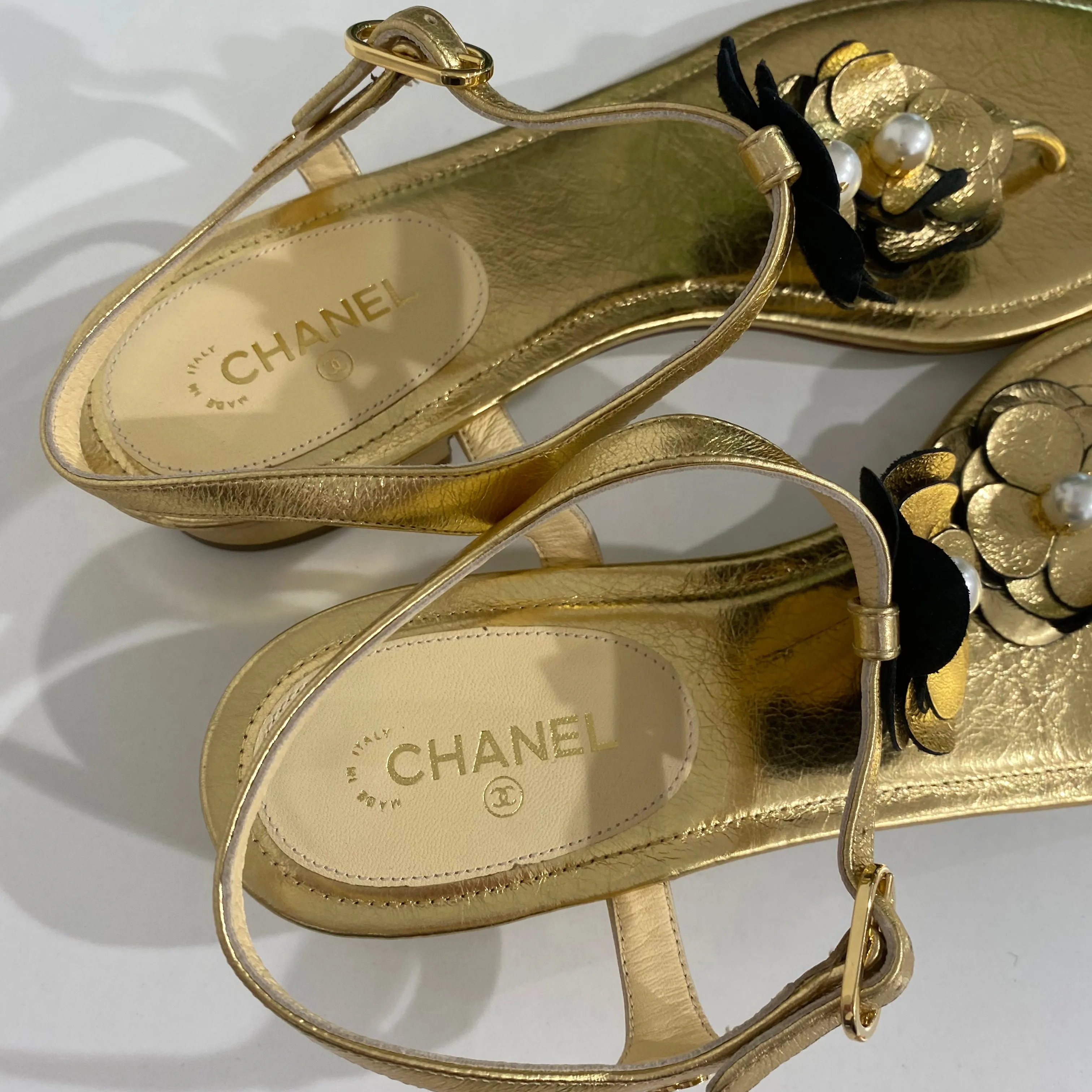 Chanel Gold Camellia Sandals