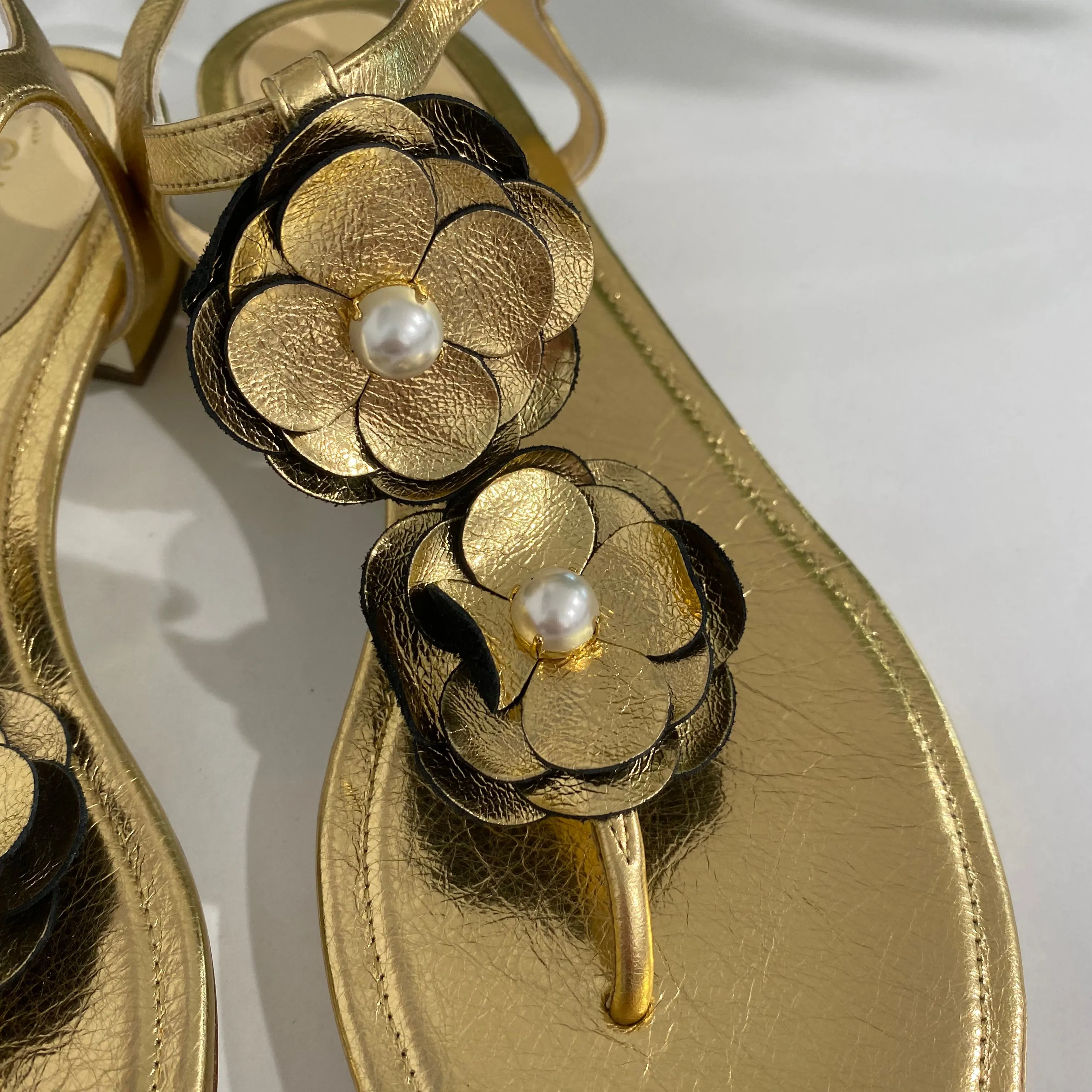 Chanel Gold Camellia Sandals