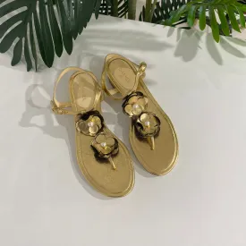 Chanel Gold Camellia Sandals
