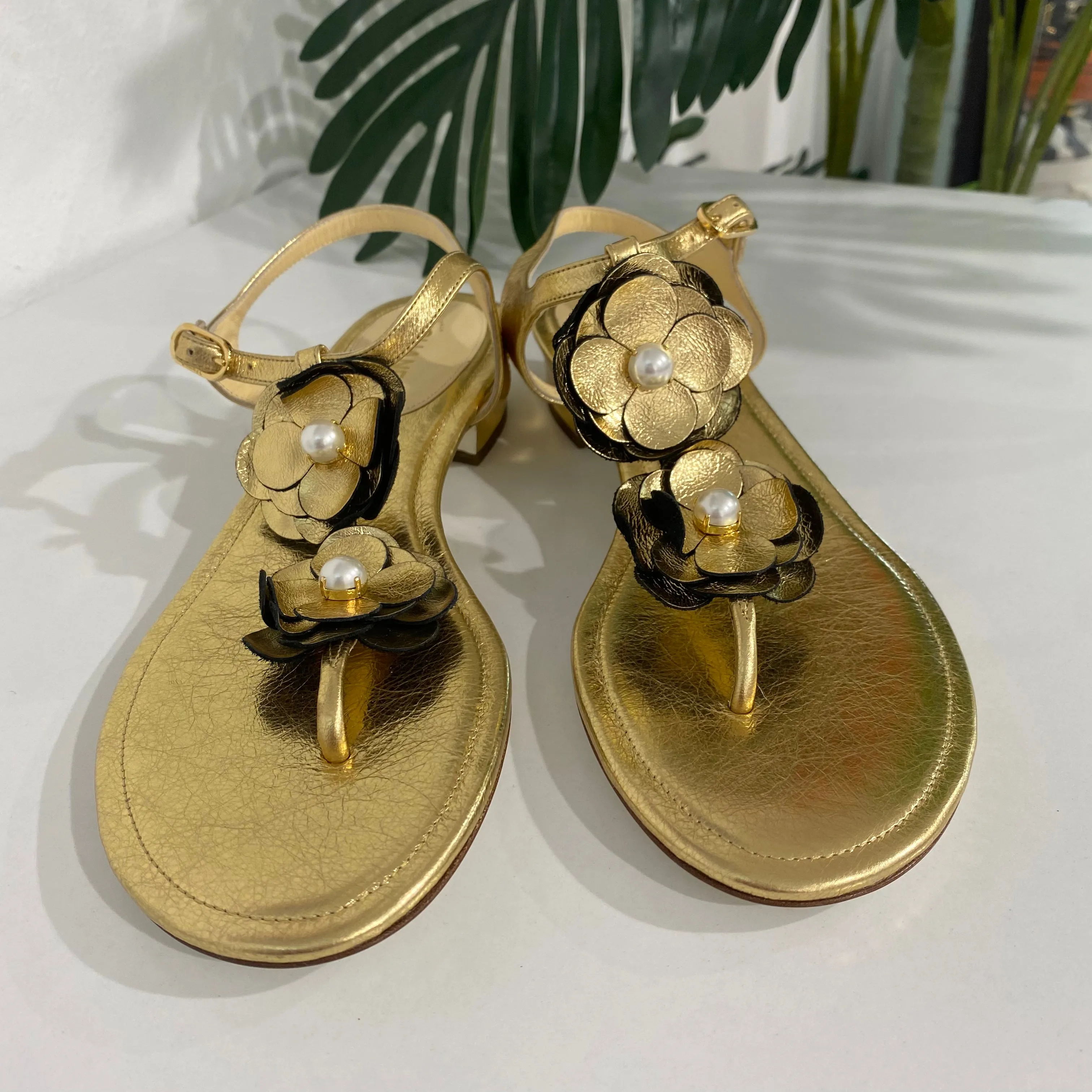 Chanel Gold Camellia Sandals