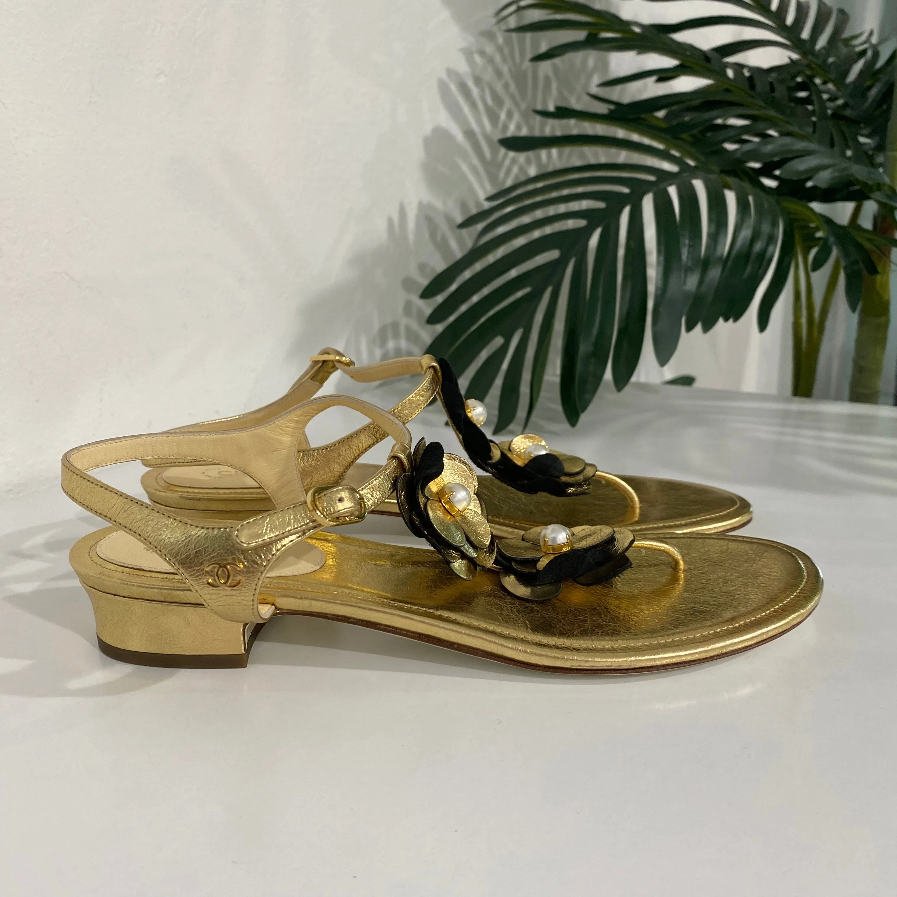 Chanel Gold Camellia Sandals