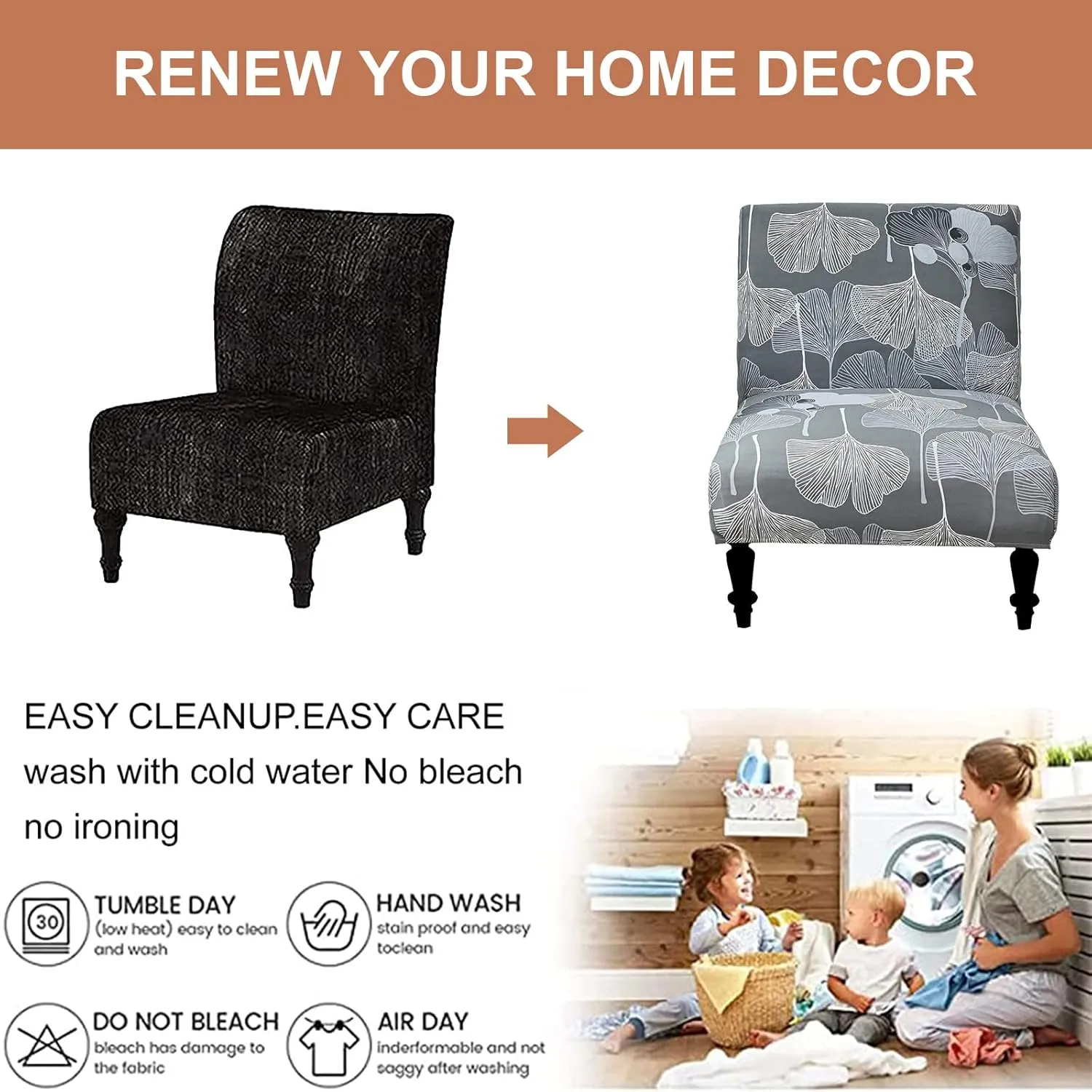 Eco-Ancheng Armless Chair Slipcover Removable Armless Accent Chairs Covers Washable Armless Slipper Chair Slipcover Printed Armless Chair Furniture Protector Covers for Living Dining Room Hotel