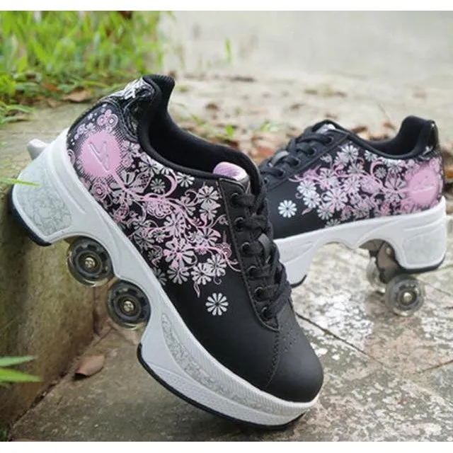 Hot Shoes Casual Sneakers Walk Skates Deform Wheel Skates for Men Women Unisex Shoes Adult Children Runaway Skates Four-wheeled