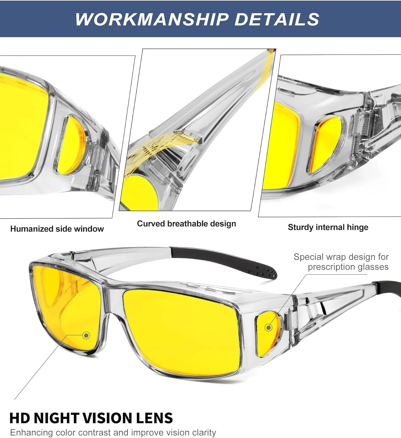 KALIYADI Night-Vision-Glasses Fit-Over-Glasses Wrap-Around Glasses: Anti Glare Night Driving Glasses for men women HD Lens