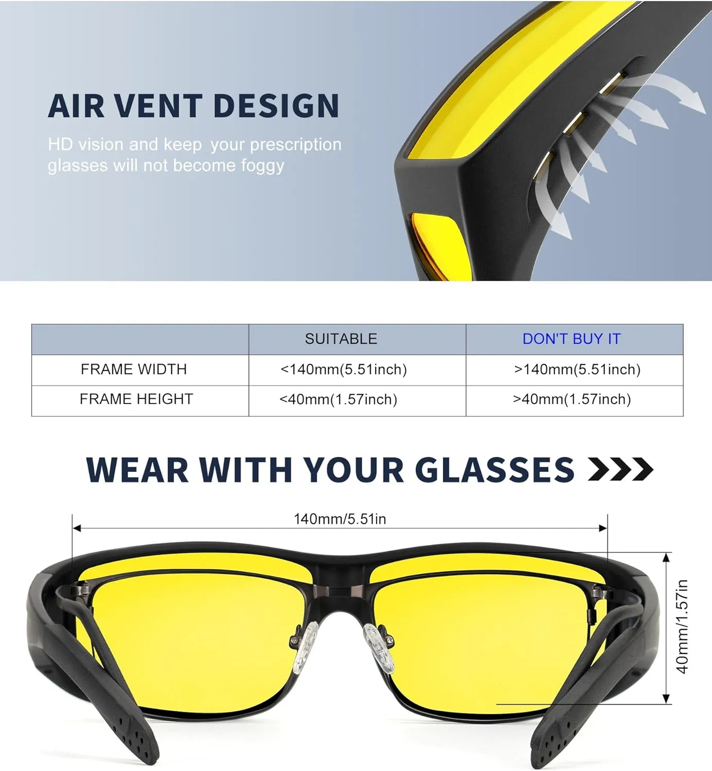 KALIYADI Night-Vision-Glasses Fit-Over-Glasses Wrap-Around Glasses: Anti Glare Night Driving Glasses for men women HD Lens