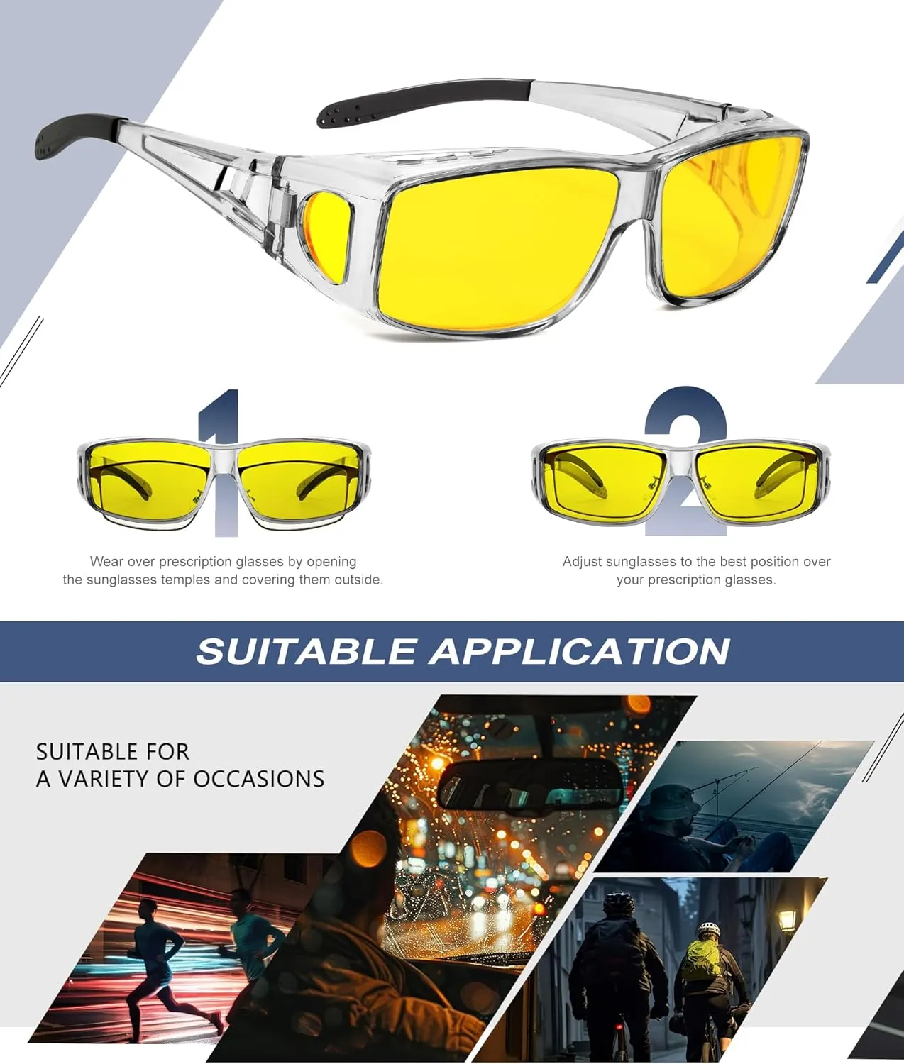 KALIYADI Night-Vision-Glasses Fit-Over-Glasses Wrap-Around Glasses: Anti Glare Night Driving Glasses for men women HD Lens