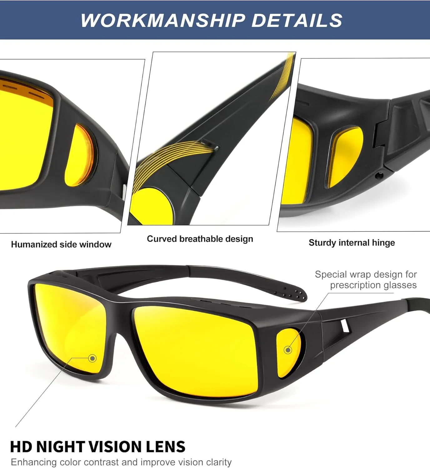 KALIYADI Night-Vision-Glasses Fit-Over-Glasses Wrap-Around Glasses: Anti Glare Night Driving Glasses for men women HD Lens