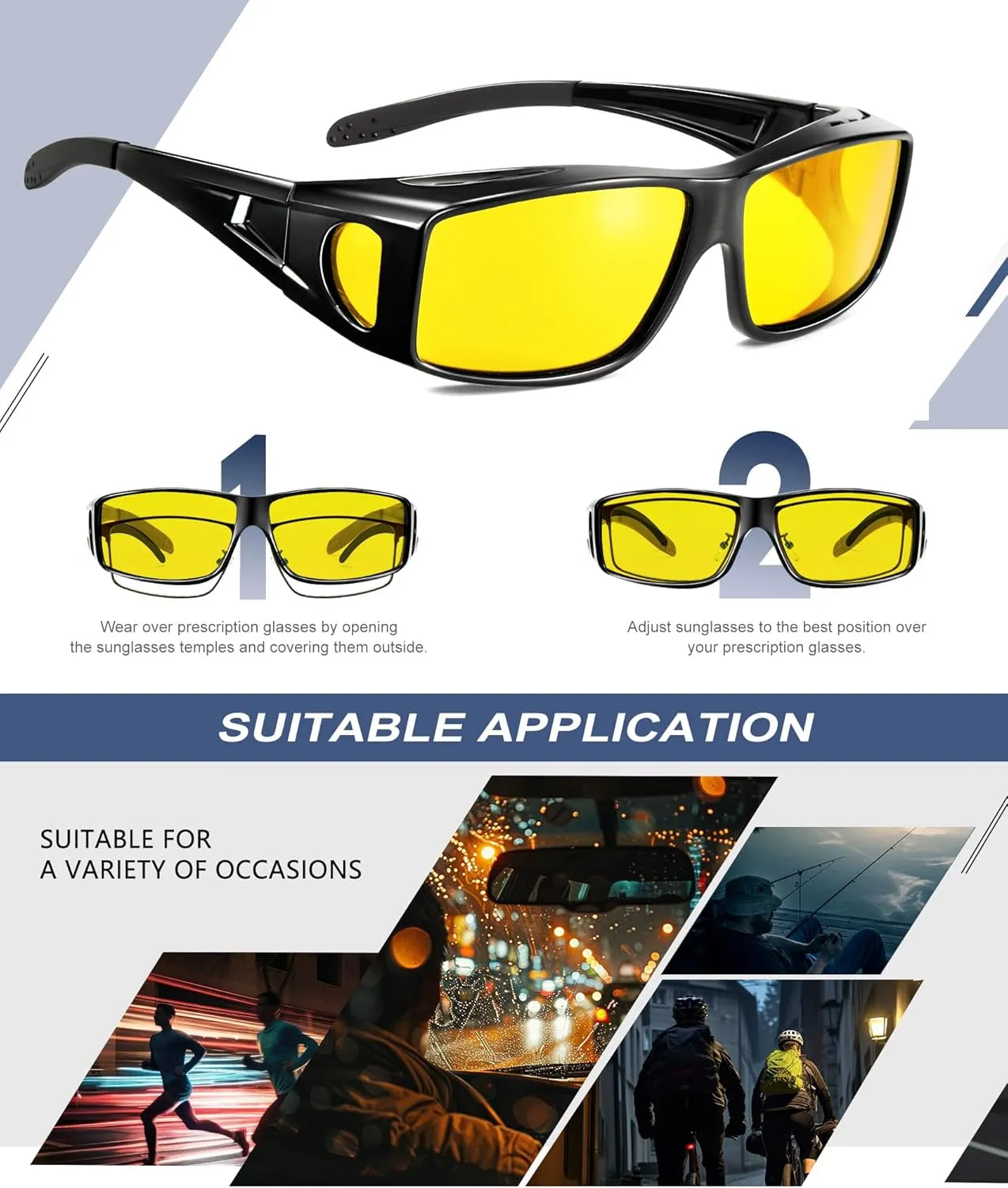 KALIYADI Night-Vision-Glasses Fit-Over-Glasses Wrap-Around Glasses: Anti Glare Night Driving Glasses for men women HD Lens