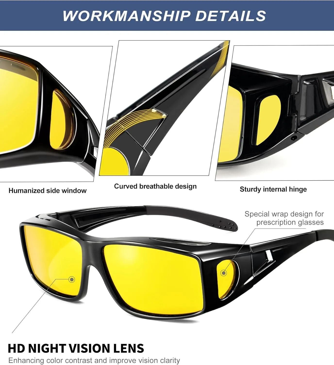 KALIYADI Night-Vision-Glasses Fit-Over-Glasses Wrap-Around Glasses: Anti Glare Night Driving Glasses for men women HD Lens