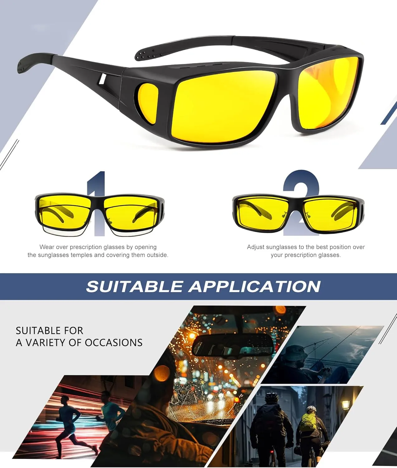 KALIYADI Night-Vision-Glasses Fit-Over-Glasses Wrap-Around Glasses: Anti Glare Night Driving Glasses for men women HD Lens