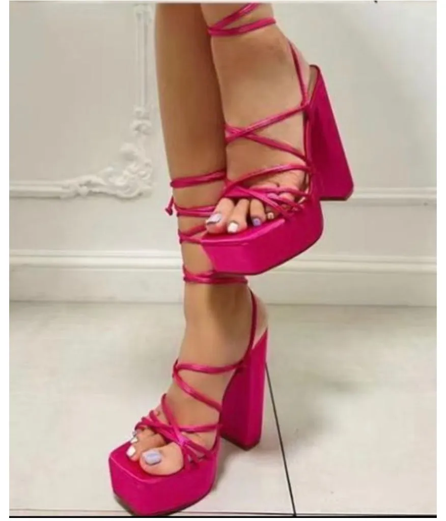 Lace Up Platform High Heels -Fuchsia