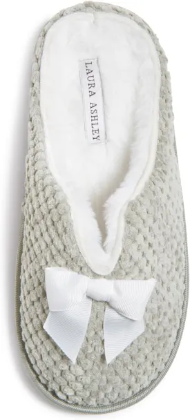 Laura Ashley Womens Memory Foam Slip On Terry Cloth Clog Slippers, Ladies Fuzzy Rubber Bottom Fur Bedroom House Shoes
