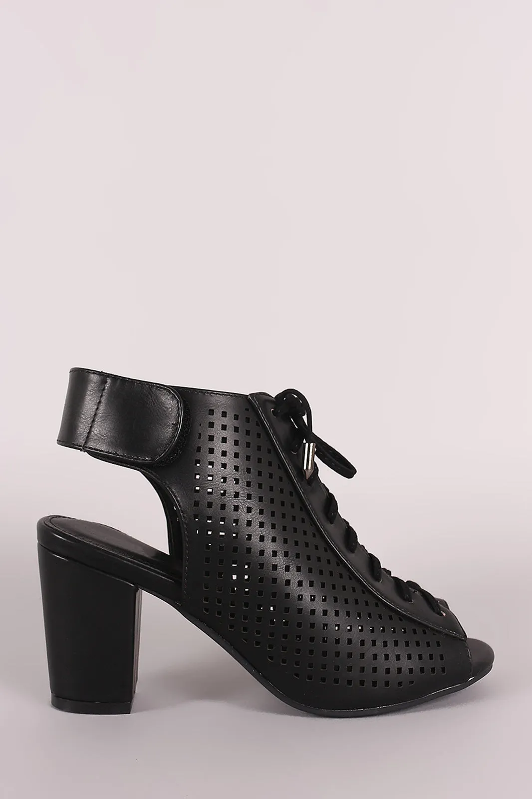 Perforated Peep Toe Lace Up Chunky Mule Heeled Booties