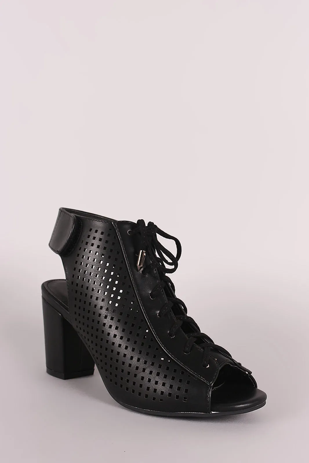 Perforated Peep Toe Lace Up Chunky Mule Heeled Booties