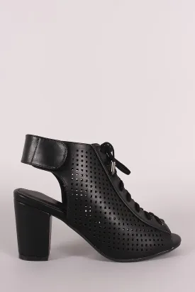 Perforated Peep Toe Lace Up Chunky Mule Heeled Booties
