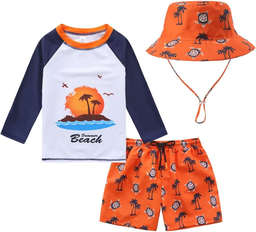 Toddlers and Baby Boys' 3-Piece Swimsuit Trunk and Rashguard Sun Hat Set