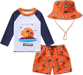Toddlers and Baby Boys' 3-Piece Swimsuit Trunk and Rashguard Sun Hat Set