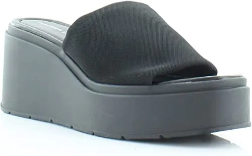 Wesley Platform Wedge Slide Sandals in Black Fabric