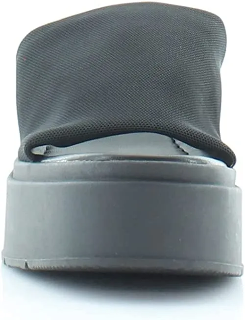 Wesley Platform Wedge Slide Sandals in Black Fabric